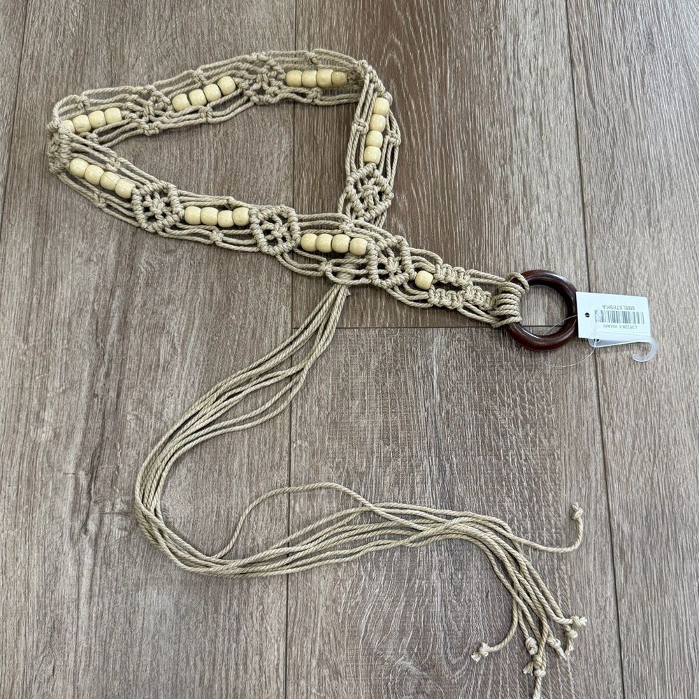S O L D : Macrame Woven Rattan Straw Rope Braid Waist Belt O-Ring Wooden Buckle - Picture 2 of 15